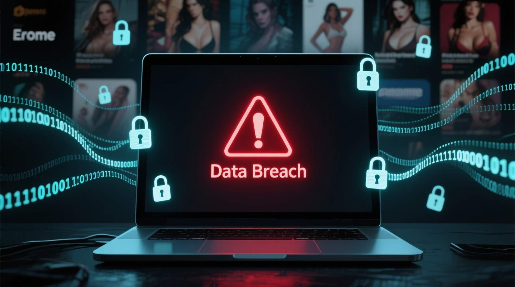 A dark-themed cyber security concept showing a glowing red warning sign with the words “Data Breach” on a laptop screen, surrounded by digital lock icons, abstract binary code, and a blurred background of adult content thumbnails, symbolizing privacy risks on online platforms like Erome. Erome and Data Breaches