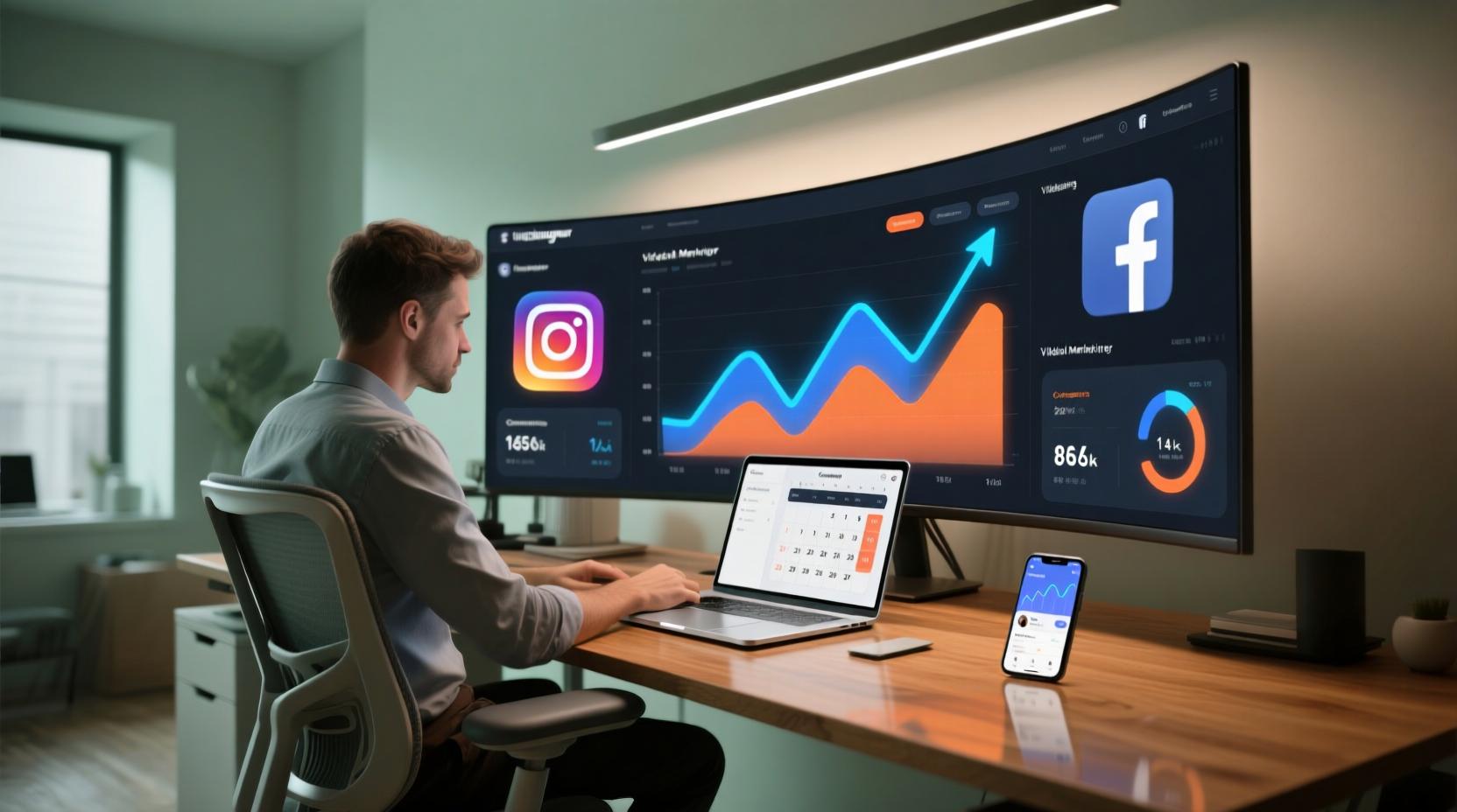How to get more views on erome, Modern, stylish workspace with a creator analyzing video analytics dashboard on a large screen, vibrant social media icons, upward trending graphs, and a sleek laptop, digital marketing theme, cinematic lighting, ultra-realistic